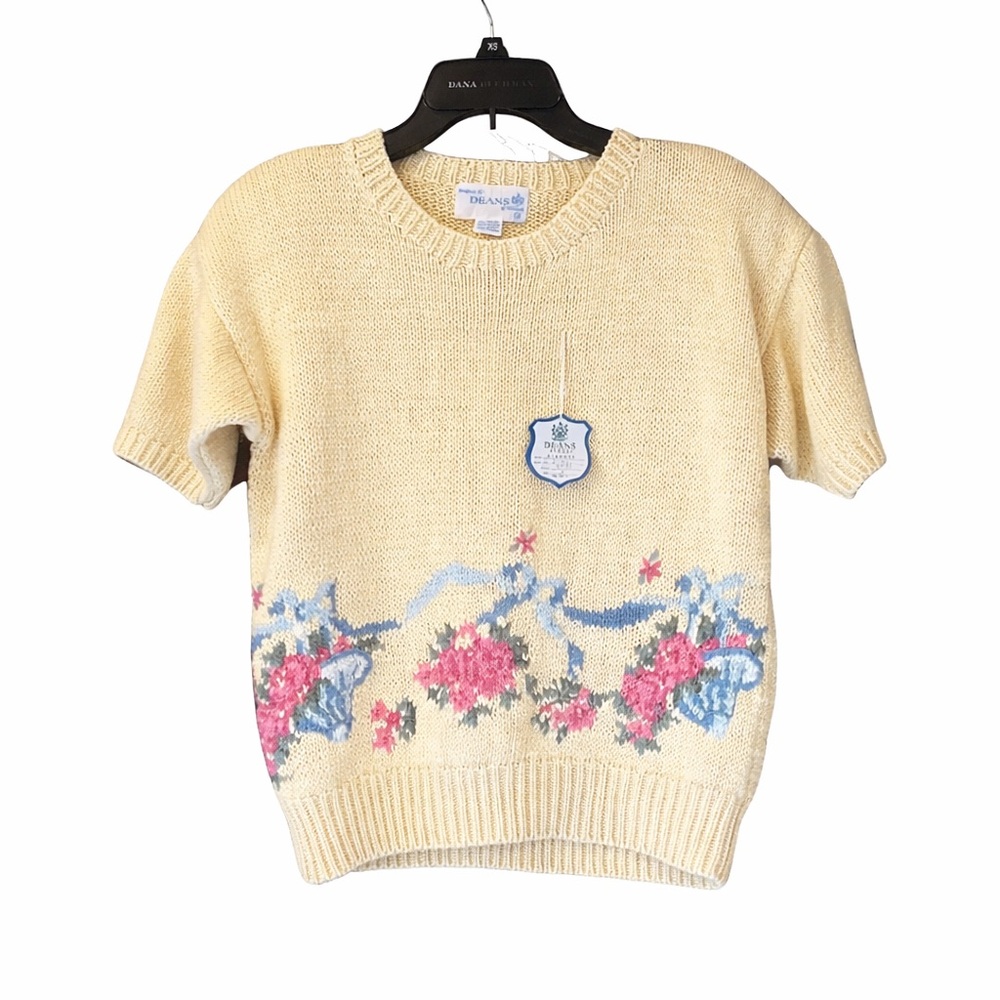 NWT Deans of Scotland Vintage Floral Sweater‎ Medium Ramie Cotton Yellow 80s
